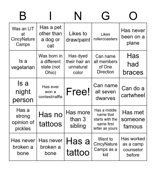 CincyNature Camp Staff BINGO Card
