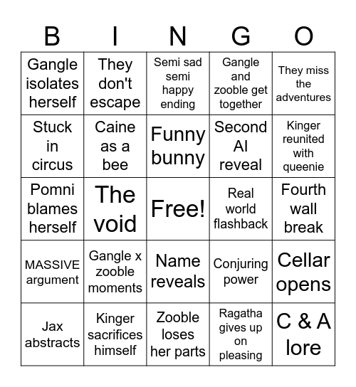 Digital circus ep 9 Bingo Card