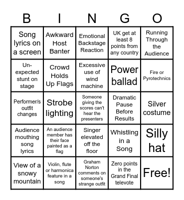 Eurovision 2026 Bingo Card