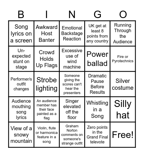 Eurovision 2026 Bingo Card