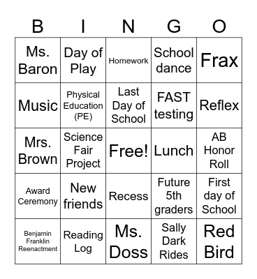 4th Grade BINGO Card