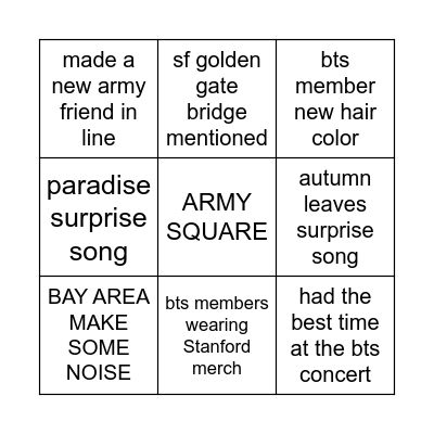 BTS STANFORD BINGO Card