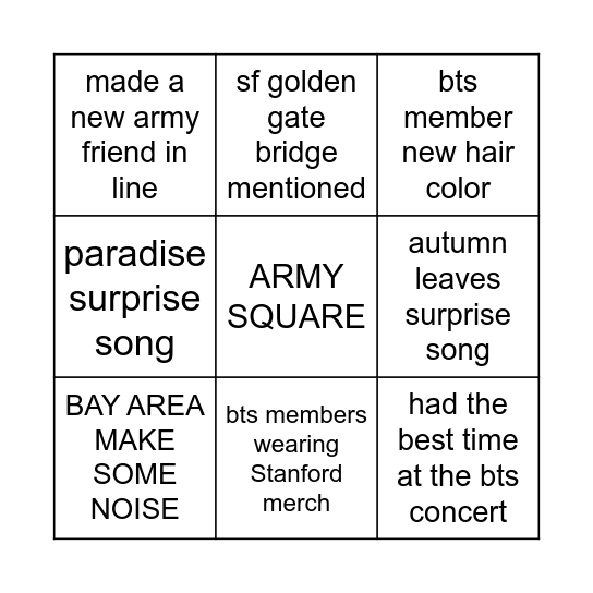 BTS STANFORD BINGO Card