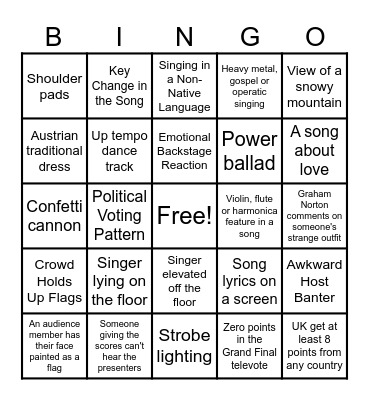 Eurovision 2026 Bingo Card