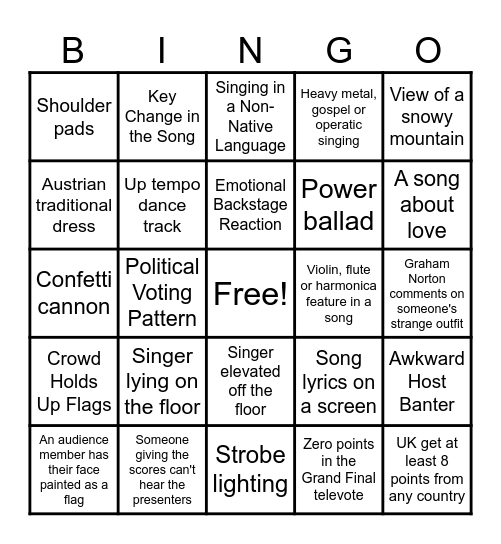 Eurovision 2026 Bingo Card