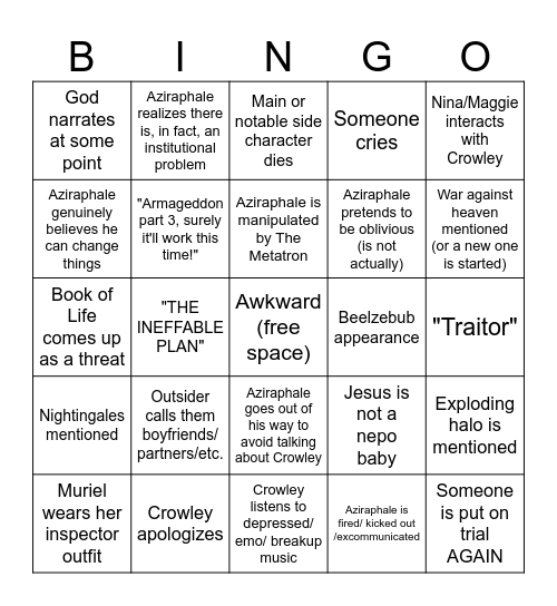 Good Omens finale Bingo Card