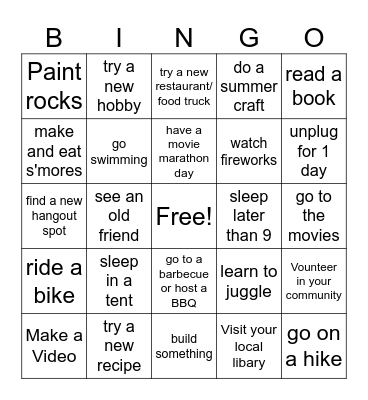 Summer Bucket List Bingo Card