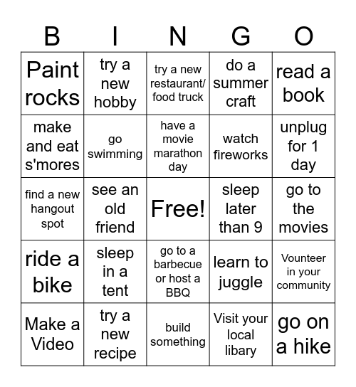 Summer Bucket List Bingo Card