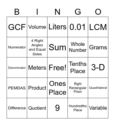 Math Lingo Bingo Card
