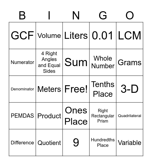 Math Lingo Bingo Card
