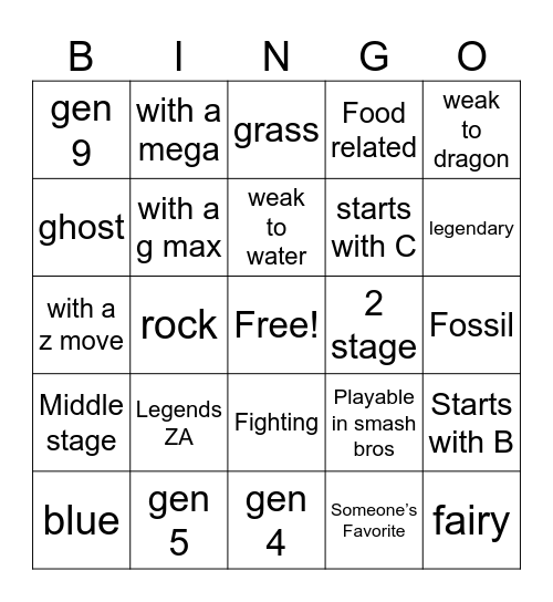 pokemon Bingo Card