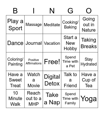 Mental Health Bingo Card