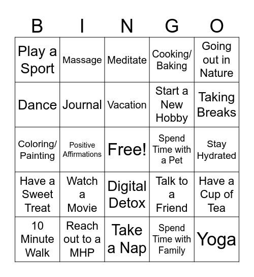 Mental Health Bingo Card