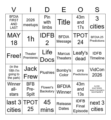 2 new BFDI Videos Bingo Card