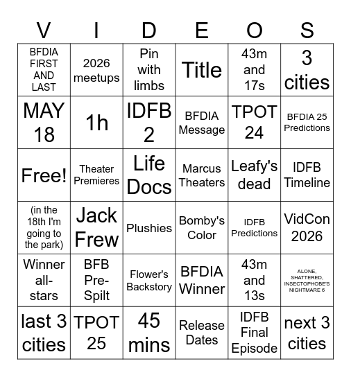 2 new BFDI Videos Bingo Card