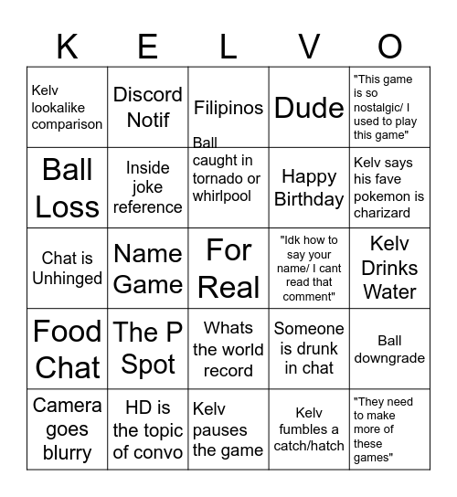 Kelv Stream Bingo Card