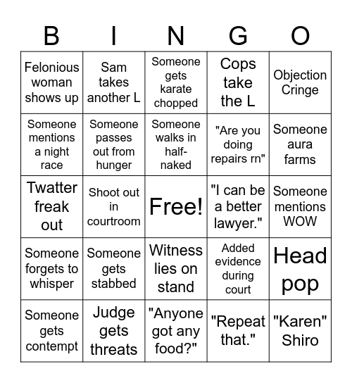 GTA RP Court Room Bingo Card