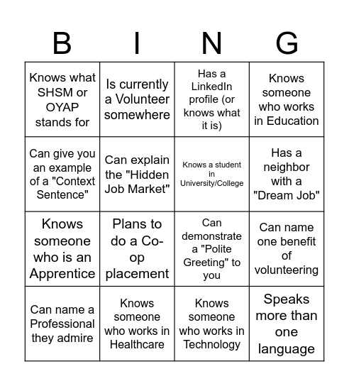 Networking Bingo Card