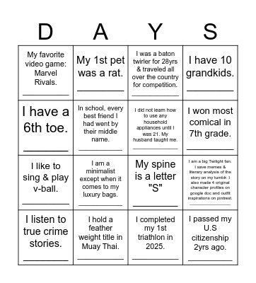Fun Facts Bingo Card