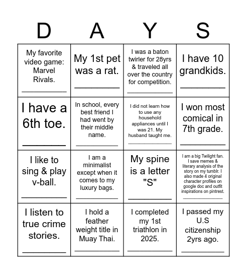 Fun Facts Bingo Card