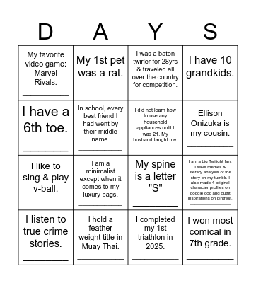 Fun Facts Bingo Card