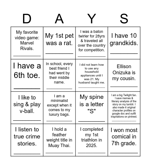 Fun Facts Bingo Card