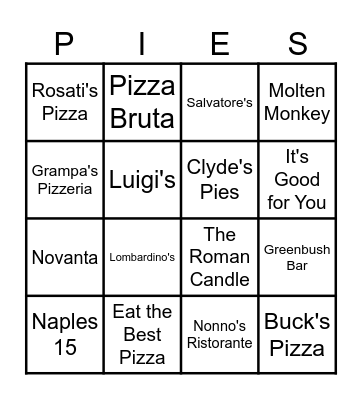 Amanda's TBD Pizzas Bingo Card