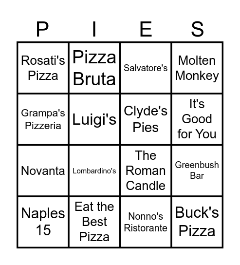Amanda's TBD Pizzas Bingo Card