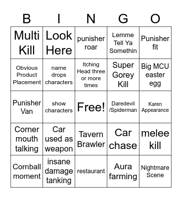 Punisher Movie Bingo Card