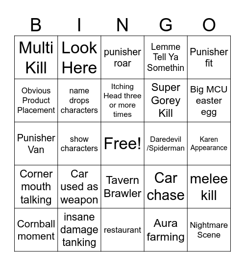 Punisher Movie Bingo Card
