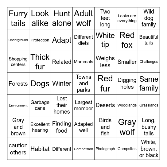 Gray Wolf! Red Fox! Bingo Card