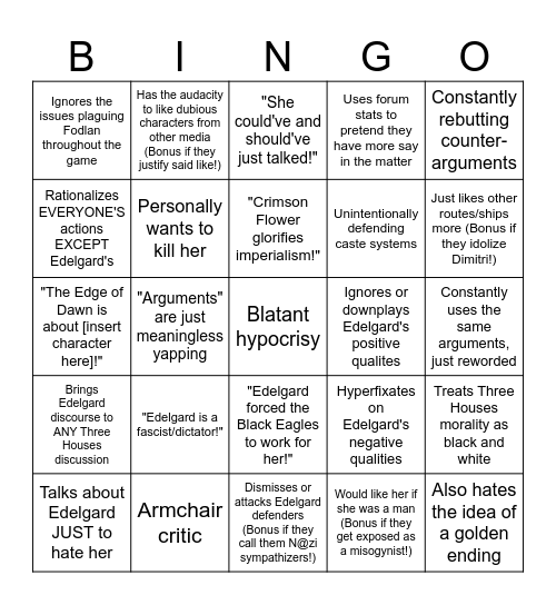 Edelgard Detractor Bingo Card