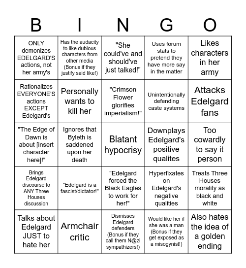 Edelgard Detractor Bingo Card