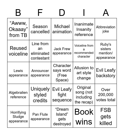 BFDIA 25 Bingo Card