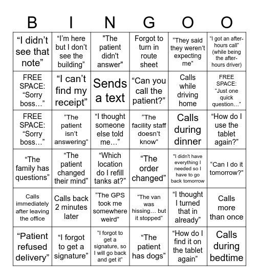 DRIVER BINGO Card