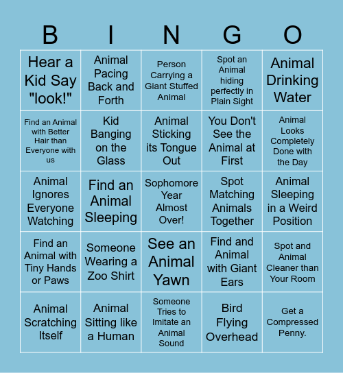 John Ball Zoo Bingo Card