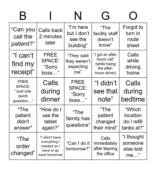 DRIVER BINGO Card