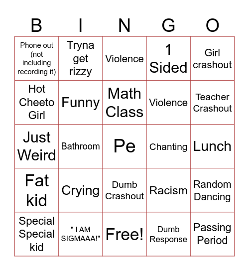 School Crashout Bingo Card