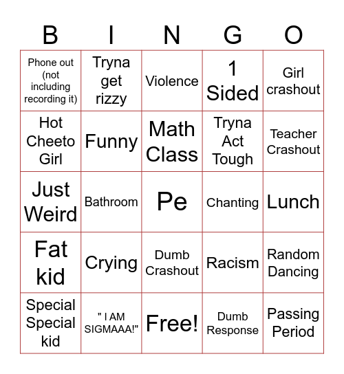 School Crashout Bingo Card