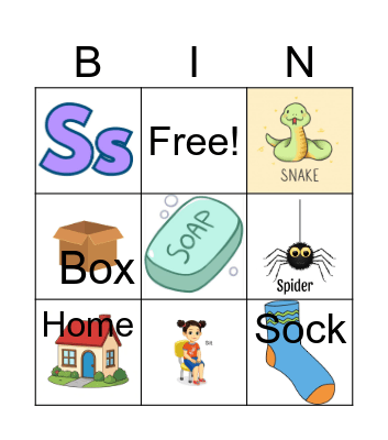 Phonics: S sound Bingo Card