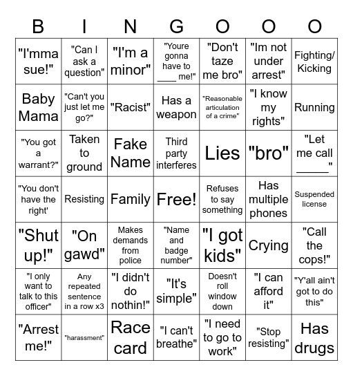 Police Bingo Card