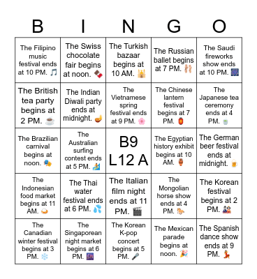 B9 L12 A The Korean festival begins at 2 PM. 🎎 Bingo Card