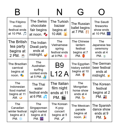 B9 L12 A The Korean festival begins at 2 PM. 🎎 Bingo Card