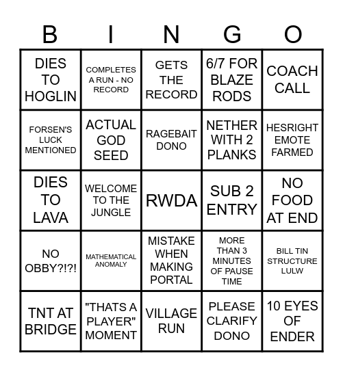 XQC SPEEDRUN BINGO Card