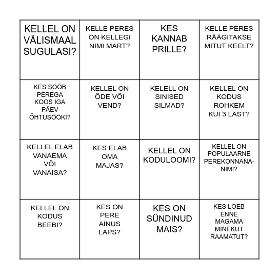 TUTVUMISE BINGO Card