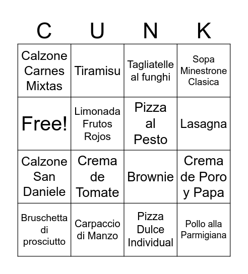 Mochis Bingo Italian Night Bingo Card