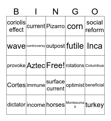 Words for week of 1/30 Bingo Card