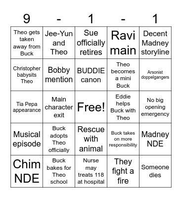 911 SEASON 10 Bingo Card