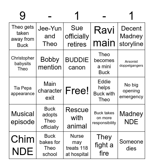 911 SEASON 10 Bingo Card