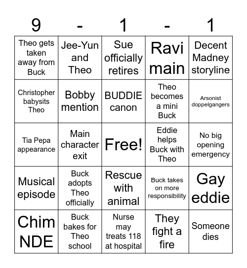911 SEASON 10 Bingo Card